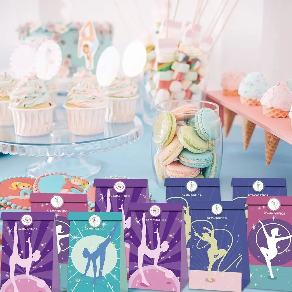 Set of 12 Gymnastics Party Candy Favor Bags with Stickers, Recyclable Gymnastics